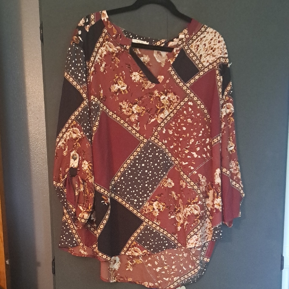 Maurices Burgundy Floral Patchwork Blouse
